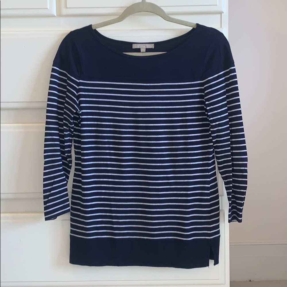 Joan Vass Navy & White Striped 3/4 Sleeve Tee